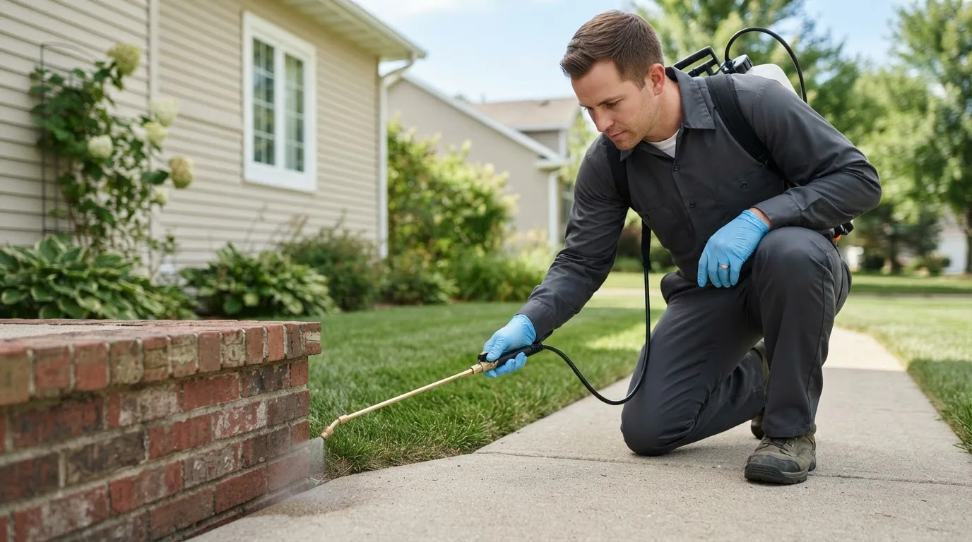 Pest control technician treating a home near Wayan, ID